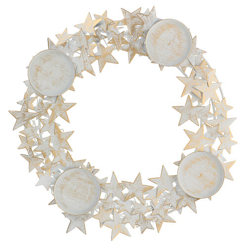 coroa do advento porta vela de metal branco e dourado com estrelas 7x40x40 cm